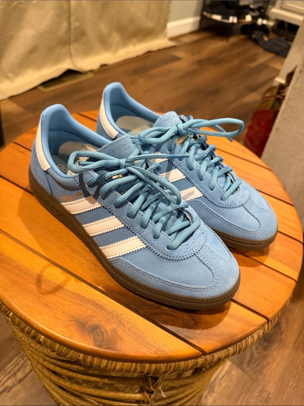 adidas light blue suede sneakers with white stripes